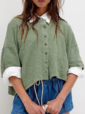 Cropped Olive Green Button-Up Knit Shirt